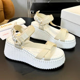 NAMA WEDGE SANDALS IN BEIGE FABRIC AND WHITE RUBBER