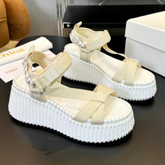 NAMA WEDGE SANDALS IN BEIGE FABRIC AND WHITE RUBBER