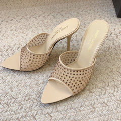 LA 16 HEELED MULES ATTACHED RHINESTONES IN CREAM MESH