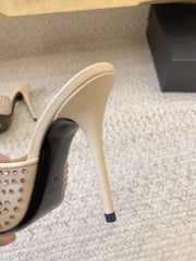 LA 16 HEELED MULES ATTACHED RHINESTONES IN CREAM MESH