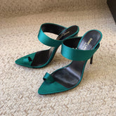 MARTHA POINTED OPEN-TOE HIGH MULES IN TEAL GREEN SILK