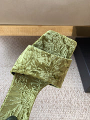 HIGH HEEL SLIDES IN TEA GREEN VELVET