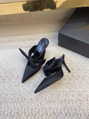 BARBARA BIG BOW MULES IN BLACK SILK