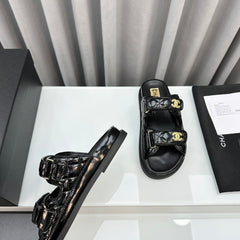 dad sandals black patent lambskin mules