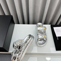 dad sandals silver metalic lambskin mules