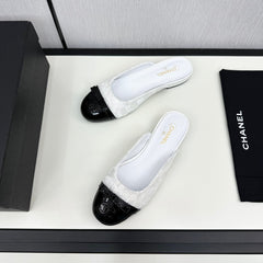 BOW MULE IN WHITE FABRIC AND BLACK CALFSKIN