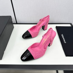 HIGH SLINGBACK BRIGHT PINK TWEED AND BLACK CALFSKIN