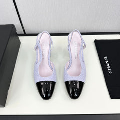 HIGH SLINGBACK LIGHT BLUE TWEED AND BLACK CALFSKIN