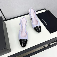 HIGH SLINGBACK LIGHT BLUE TWEED AND BLACK CALFSKIN