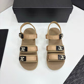 CC SANDAL 25S IN BEIGE FABRIC WITH BLACK HARDWARE