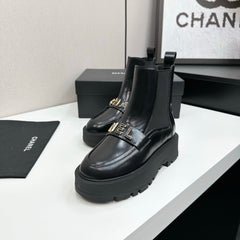CHANEL 25S SHORT BOOTS IN BLACK CALFSKIN AND CANVAS