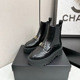 CHANEL 25S SHORT BOOTS IN BLACK CALFSKIN AND CANVAS