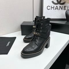 CHANEL 25S LACE-UP HEELED ANKLE BOOTS IN BLACK CALFSKIN