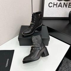 CHANEL 25S LACE-UP HEELED ANKLE BOOTS IN BLACK CALFSKIN