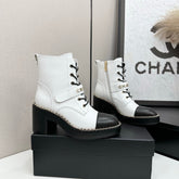 CHANEL 25S LACE-UP HEELED ANKLE BOOTS IN WHITE CALFSKIN