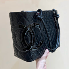 CHANEL 25S CAMBON LIGNE TOTE BAG 30 IN BLACK LAMBSKIN