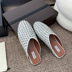 ALAIA FLAT MULES 25S IN WHITE LAMBSKIN EMBELLISHED WITH CRYSTALS