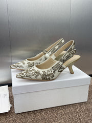 J'ADIOR HIGH SLINGBACK PUMP WHITE AND GOLD-TONE MILLEFIORI JACQUARD 65 MM