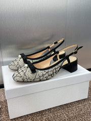 SLINGBACK PUMP IN WHITE MIX BLACK EMBROIDERED CANNAGE TWEED 35 MM