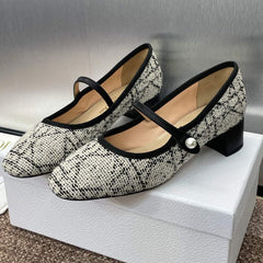 D-RAMOUR BALLET FLATS IN WHITE MIX BLACK EMBROIDERED CANNAGE TWEED 35 MM