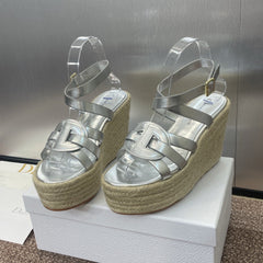 D-CLUB 25S HIGH HEEL WEDGE 100MM IN SILVER GLOSSY CALFSKIN RAFFIA SOLE