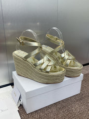 D-CLUB 25S HIGH HEEL WEDGE 100MM IN GOLD GLOSSY CALFSKIN RAFFIA SOLE