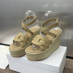 D-CLUB 25S HIGH HEEL WEDGE 100MM IN GOLDEN BEIGE CALFSKIN RAFFIA SOLE