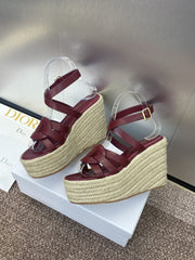 D-CLUB 25S HIGH HEEL WEDGE 100MM IN BURGUNDY RED CALFSKIN RAFFIA SOLE