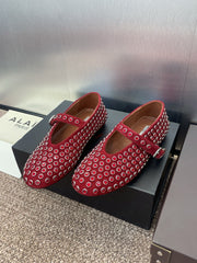 ALAIA MARY JANE FLAT 25S IN DARK RED LAMBSKIN EMBELLISHED WITH CRYSTALS