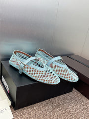 ALAIA MARY JANE FLAT 25S IN PASTEL BLUE MESH CALFSKIN