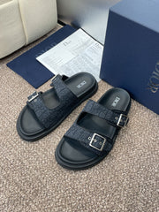 DIOR 25S DIORACT SLIDE IN BLACK CALFSKIN AND CANVAS SILVER HARDWARE