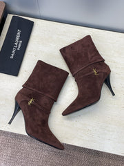 YSL 25S NIKI POINTED-HEEL ANKLE BOOTS 95 MM IN DARK BROWN SUEDE WITH GOLD HARDWARE