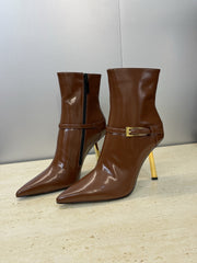 YSL 25S POINTED-TOE HIGH-HEEL ANKLE BOOTS 95 MM IN BROWN LAMBSKIN WITH GOLD HARDWARE