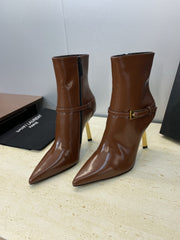 YSL 25S POINTED-TOE HIGH-HEEL ANKLE BOOTS 95 MM IN BROWN LAMBSKIN WITH GOLD HARDWARE