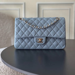CHANEL 25S CLASSIC FLAP BAG 25 CM IN SLATE BLUE GRAY LAMBSKIN WITH GOLD HARDWARE