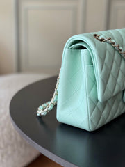 CHANEL 25S CLASSIC FLAP BAG 25 CM IN LIGHT CYAN BLUE LAMBSKIN WITH GOLD HARDWARE