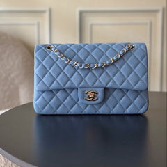 CHANEL 25S CLASSIC FLAP BAG 25 CM IN LIGHT BLUE LAMBSKIN WITH GOLD HARDWARE