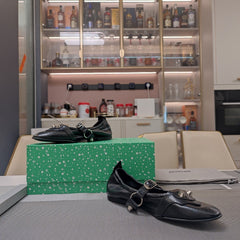 STUDDED MARY JANE FLATS IN BLACK SHINY LAMBSKIN