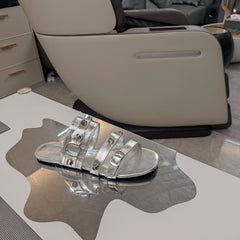 STRAPPY FLAT SANDALS IN SILVER STUDDED WAX-OIL SHEEPSKIN