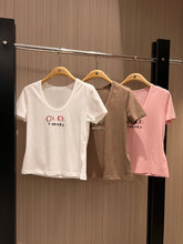 CC Hand-beaded Coco letter U-neck T-shirt Cotton