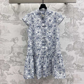 CD Short Dress White Cotton Muslin with Blue Butterfly Motif