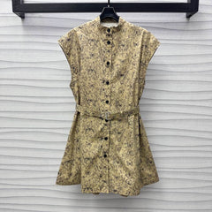 CD Short Belted Shirtdress Beige Cotton Gabardine with Black Motif