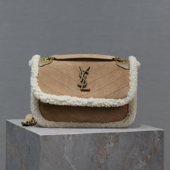 NIKI SMALL 22 IN CAMEL SUEDE AND WHITE SHEARLING