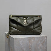YSL 25S LOULOU PUFFER MM 29 IN DARK OLIVE CALFSKIN GOLD HARDWARE