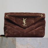 YSL 25S LOULOU PUFFER GM 35 IN DARK BROWN SUEDE GOLD HARDWRE