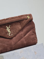 YSL 25S LOULOU PUFFER GM 35 IN DARK BROWN SUEDE GOLD HARDWARE