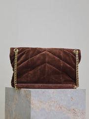 YSL 25S LOULOU PUFFER GM 35 IN DARK BROWN SUEDE GOLD HARDWRE