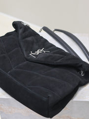 YSL 25S LOULOU PUFFER GM 35 IN BLACK SUEDE SILVER HARDWRE