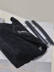 YSL 25S LOULOU PUFFER MM 29 IN BLACK SUEDE SILVER HARDWRE