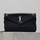 YSL 25S LOULOU PUFFER MM 29 IN BLACK SUEDE SILVER HARDWRE